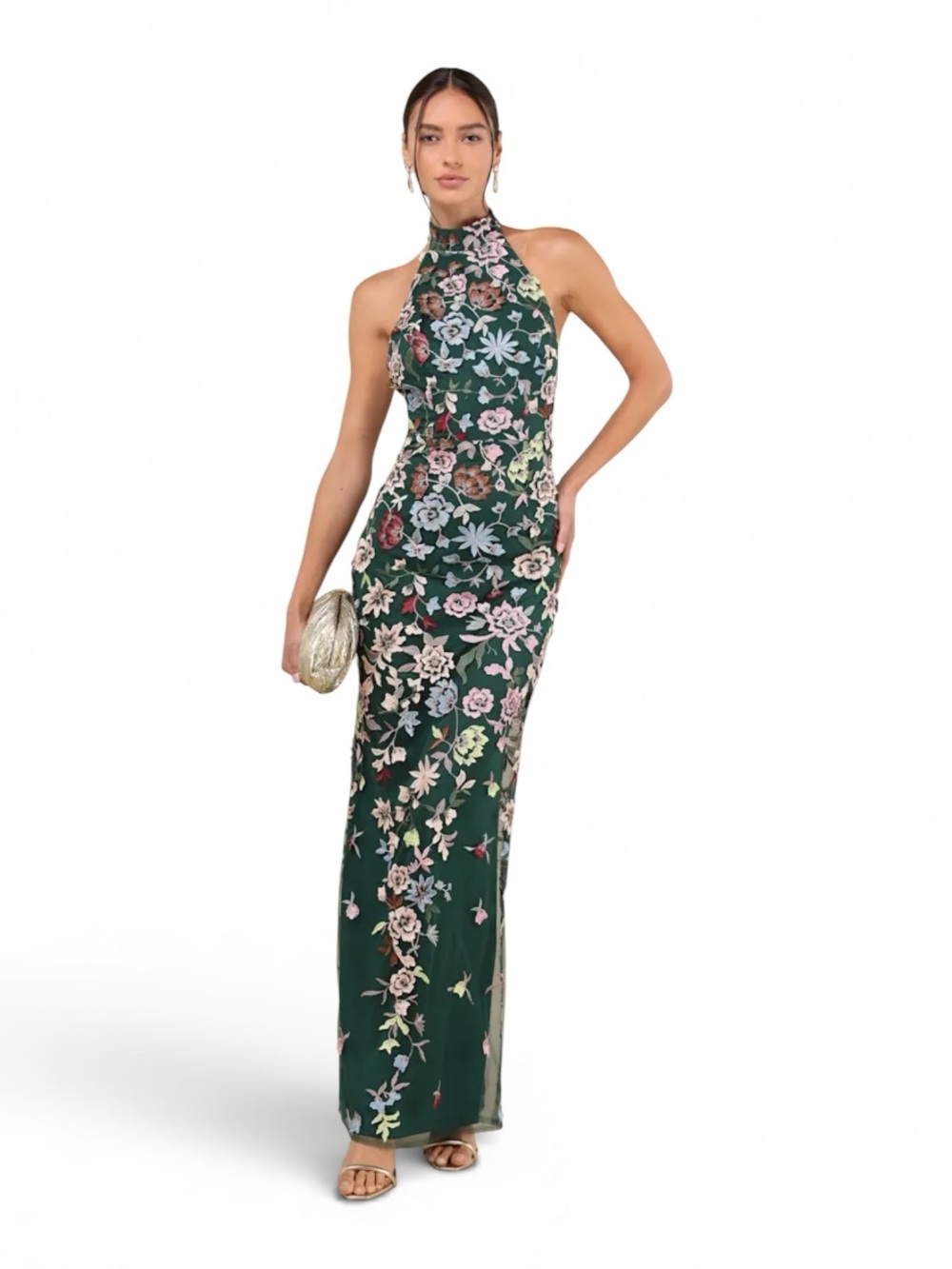 Lulus Infinite Praise Emerald 3D Floral Embroidered Halter Maxi Dress XS
